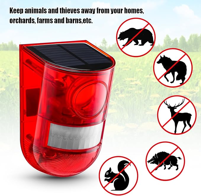 Qualirey Solar Sound and Light Alarm Motion Sensor 129db Outdoor Security Siren Waterproof Activated Detector Driveway Alarm 6 LEDs Flash Warning Deterrent Strobe System for Home, Farm(Red,8 Pack)