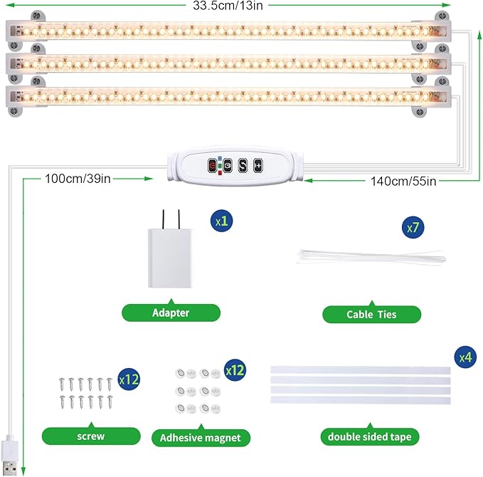 RWNTAO LED Grow Light Strips, Full Spectrum Plant Growing Lights for Indoor Plants 3500K, 144 LEDs Plant Lamp with 3/9/12H Timer, 10 Dimmable Levels, 3 Head 13 Inches