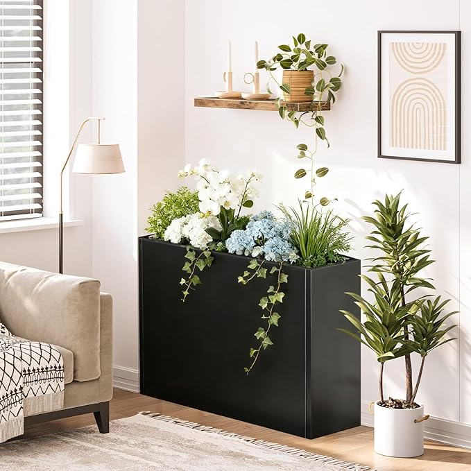 Nessxa Tall Metal Planter Box for Outdoor Plants 38" L x 13" W x 30", Heavy Duty Steel Large Rectangular Planter Box with Removable Insert Shelf, Modern Décor for Tall Plants, Trees, Flowers (Black)