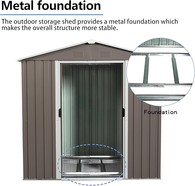 6FT x 5FT Outdoor Storage Shed, Heavy Duty Galvanized Steel Garden Shed with Sliding Lockable Doors, Punched Vents & Foundation Kit, Weather Resistant Metal Tool Shed for Backyard, Grey