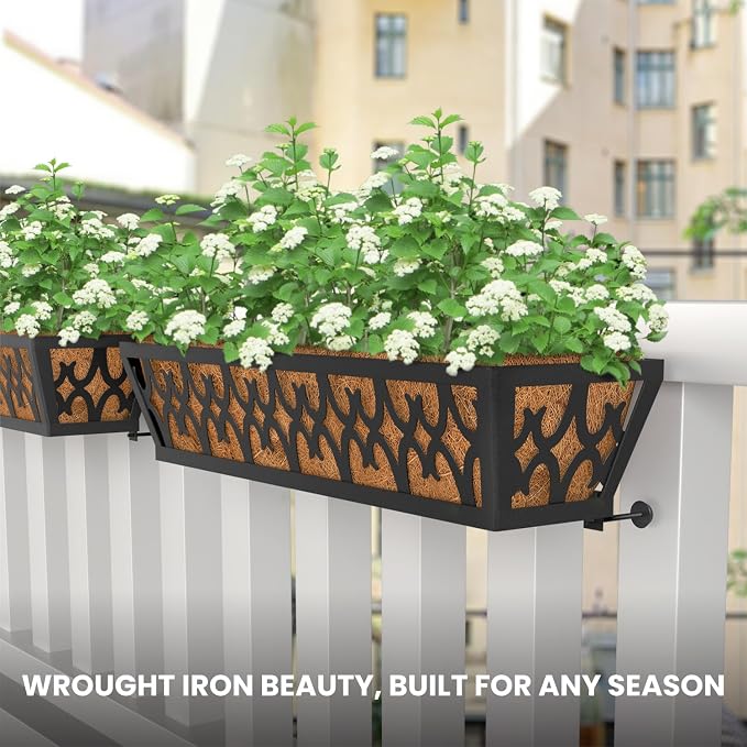 2 Pack Window Box Railing, 24IN Black Metal Hanging Flower Planter Basket with Coco Liner for Outdoor Balcony Porch Fence Patio for Home, Office and Hotel (Black)