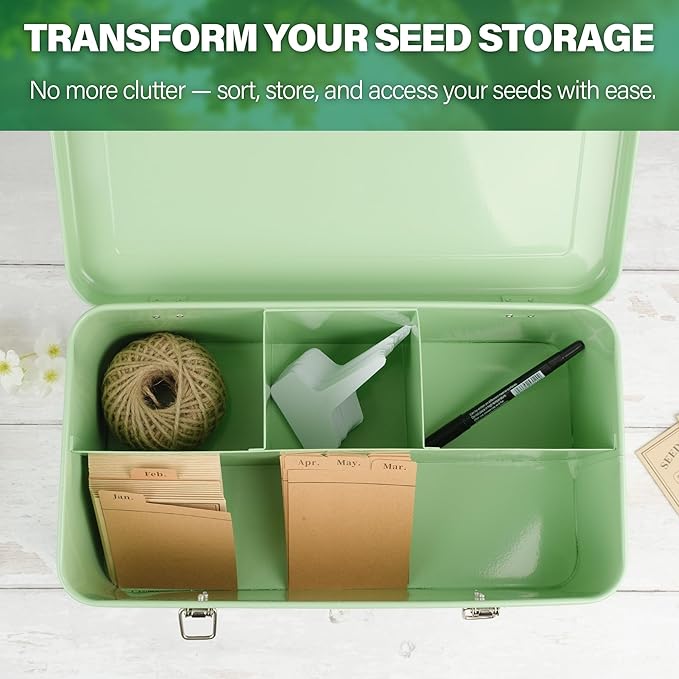 Seed Storage Box Organiser – Green Garden Seeds Tin with Lid, Side Handles, 4 Compartments & Safety Lock – Seed Packet Container for Gardeners – Gardening Gift Idea with Over 100 Accessories