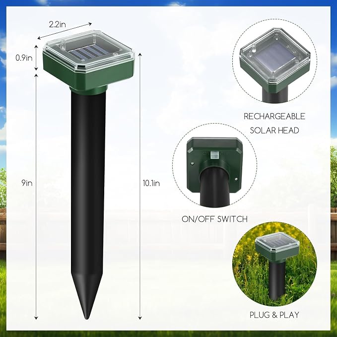 2026 8Pack Mole Repellent Solar Powered Sonic Gopher Repellent Stakes for Lawns,IP65 Waterproof Ultrasonic Mole Repellent for Lawns,Sonic Chipmunk Snake Armadillo Vole Deterrent for Lawns