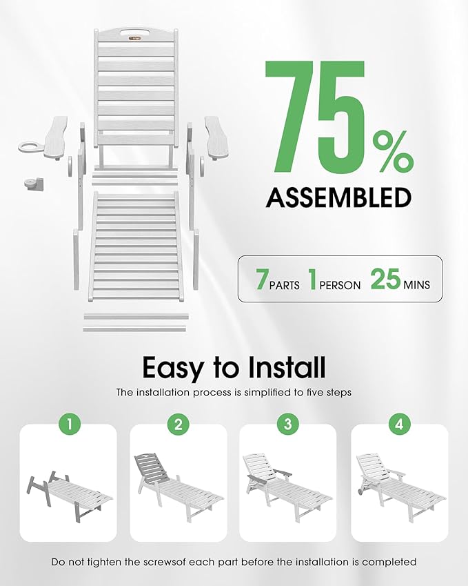 Chaise Lounge Outdoor, Lounge Chair Outdoor with Wood Texture, Adjustable 5-Position Backrest, HDPE Lounge Chair with Wheels & Cup Holder for Pool Deck Backyard, White