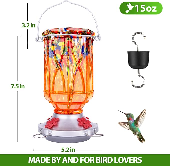 Hummingbird Feeders for Outdoors with Ant Moat, Hand Blown Glass Hummingbird Feeder, 4 Feeding Ports with Perch, Outdoor Garden Décor, 15 OZ, Orange