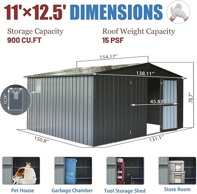 Christopher Knight Home Avonn Backyard Storage Shed 11' x 12.5' with Galvanized Steel Frame & Windows, Outdoor Garden Shed Metal Utility Tool Storage Room with Lockable Door for Patio(Dark Gray)