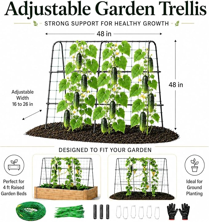 FOLLOOK Cucumber Trellis for Raised Garden Bed, Rustproof Metal Garden Arch Trellis for Climbing Plants Support Outdoor Fruit Grape Vine Vegetable Tomato Pole Bean Snap Pea Trellis, 48x48inch, Black