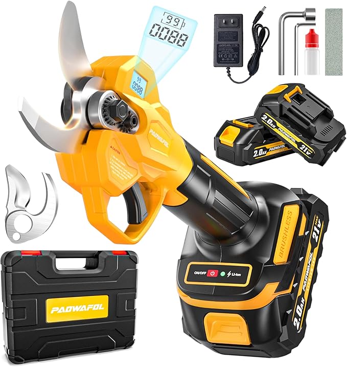 2.05"/ 53mm Electric Pruning Shears, Cordless Electric Scissors LCD Display&SK7 Blades, 21V Brushless Motor Branch Cutter with 2 PCS Rechargeable 2000mAh Batteries & 2 Blades (Yellow)