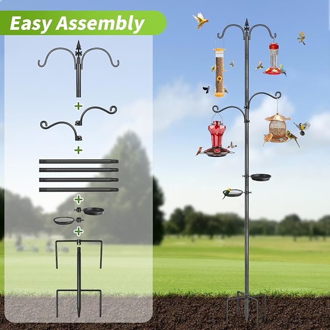 Bird Feeder Pole, 88 Inch Bird Feeding Station 4 Hook Heavy Duty Hummingbird Feeder Stand Hanger Shepherds Hook for Outdoors, with Birds Bath and Mesh Tray