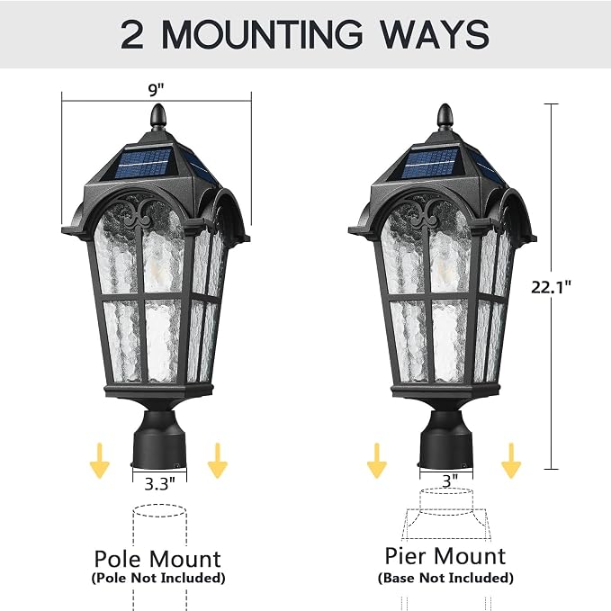 Emliviar Outdoor Solar Lamp Post Light in Black Finish, 22.1" Large Outdoor Lighting with Water Grain Glass Shade for Patio, Vintage Post Lantern LED Bulb Included with Remote Control, YXE302MP-SL BK