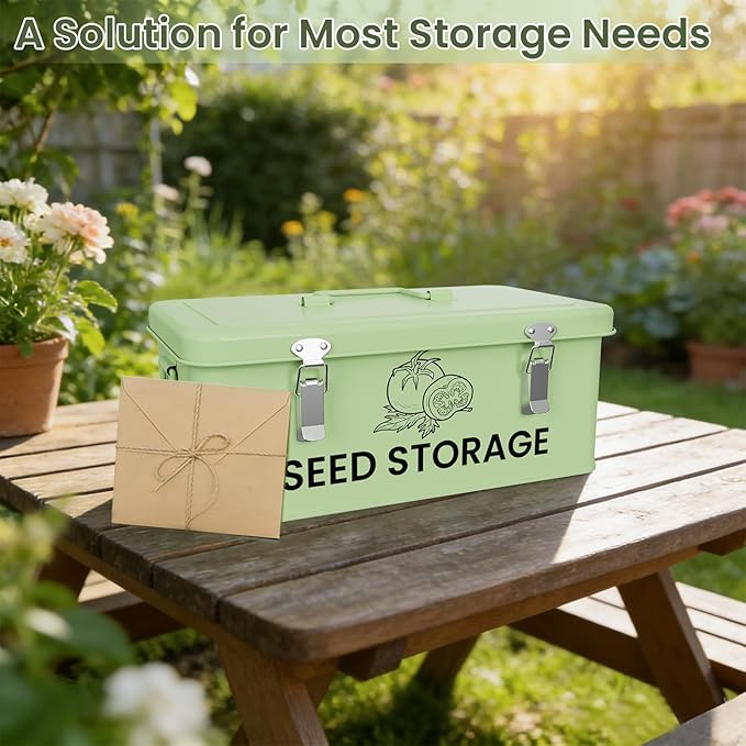 Seed Storage Organizer Box, Metal Seed Box, Garden Seed Organizer with Lid, Seed Containers Storage with 4 Compartments, 30 Seed Holder Organizers, 100pcs Seed Envelopes (Green)