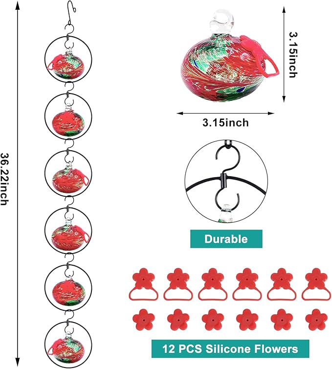 Headak Life Flexible 6 Pack Hummingbird feeders for Outdoors Hanging Ant and Bee Proof,Detachable Hand Blown Glass Hummingbird Feeder with 6 Adjustable Silicone Perch(Red)