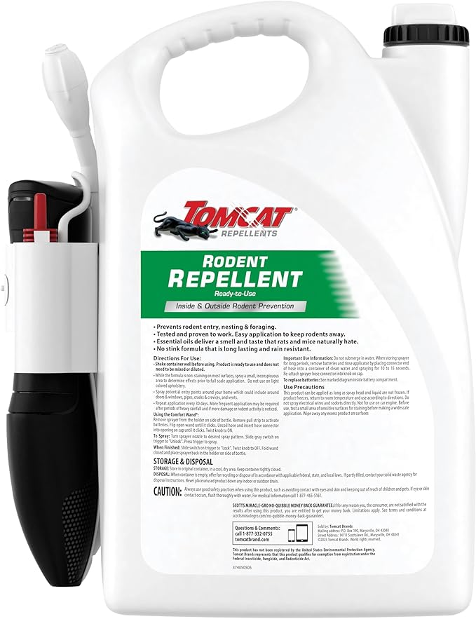 Tomcat Repellents Rodent Repellent Ready-to-Use with Comfort Wand - for Indoor and Outdoor Mouse and Rat Prevention, Peppermint Oil Spray for Rodents with Cinnamon & Garlic Essential Oils, 1.33 gal.