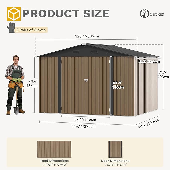 DWVO 10'x8' Large Metal Outdoor Storage Shed, Heavy Duty Tool Storage Sheds for Backyard Patio Lawn - Ideal for Bicycles, Garden Tools, and Lawn Equipment, Easy-to-Assemble, Brown