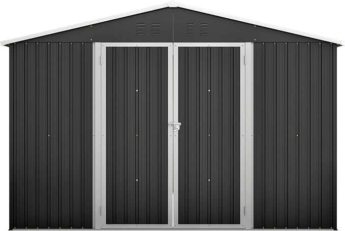 KEIKI Storage Shed 10x10 FT, Large Metal Tool Shed for Outdoor Storage, Galvanized Steel Garden Shed with Lockable Doors for Patio, Backyard, Lawn, Black