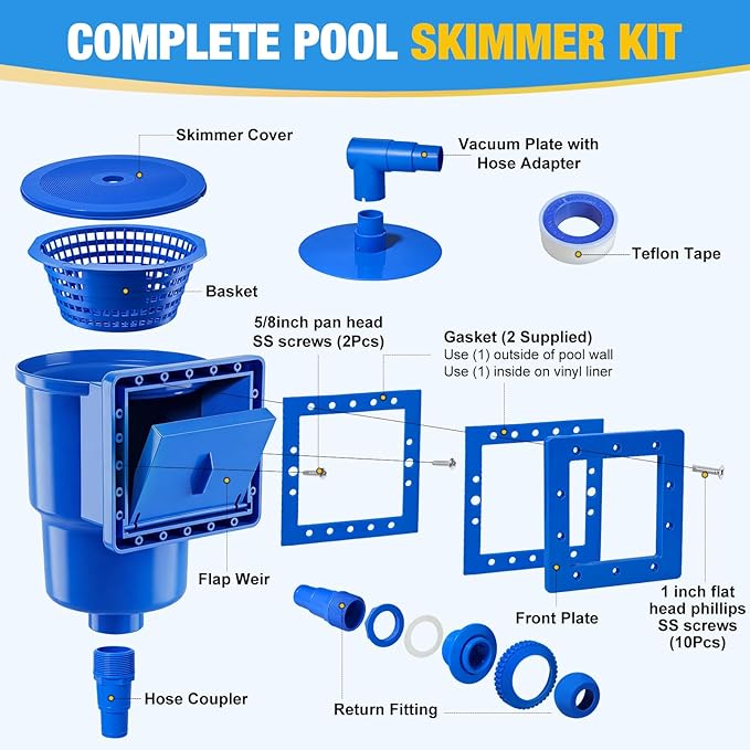 Above Ground Pool Skimmer, Heavy Duty Through-Wall Mount Pool Skimmer Kit with Accessories, Universal Fit for Standard Wall Openings, Klein Blue in-Wall Surface Skimmer Includes Leak-Free Teflon Tape