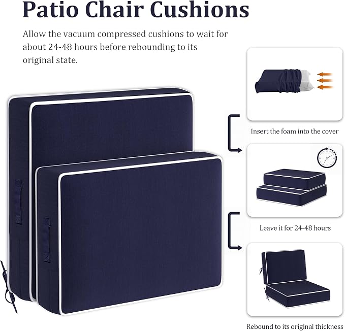 5" Thicker Outdoor Chair Cushions 2 Sets 24" *24" Waterproof Patio Chair Cushions for Outdoor Furniture w/Removable Cover 30D High Density Sponge Filling Thicken Patio Furniture Cushion w/Handle &Ties
