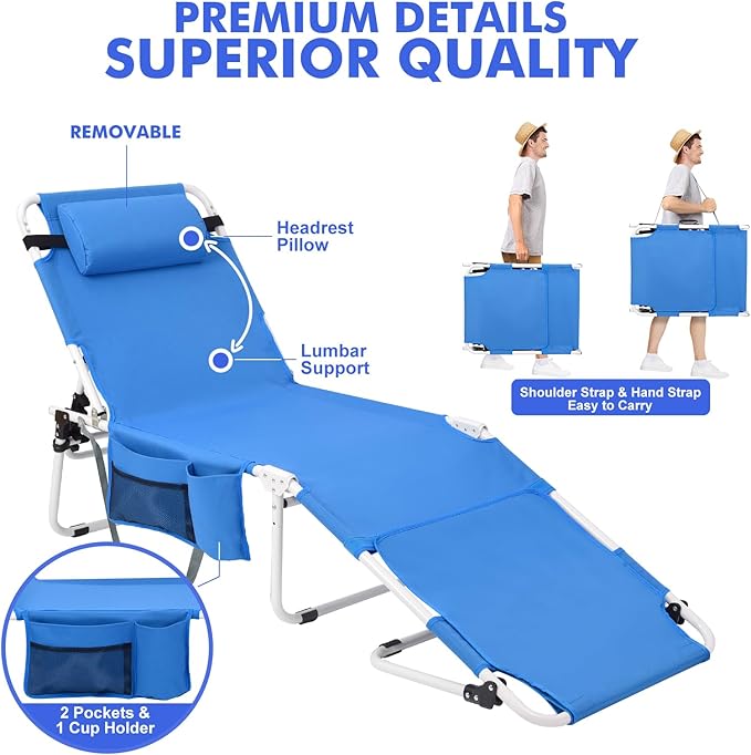 Tanning Chair with Sun Canopy Face Hole Softer Padded Adjustable Washable, Heavy Duty Layout Folding Lounge Chair for Adults Outside Beach Reading Sunbathing Poolside Lawn, UPF 50+ Sun Shade, 300 LBS
