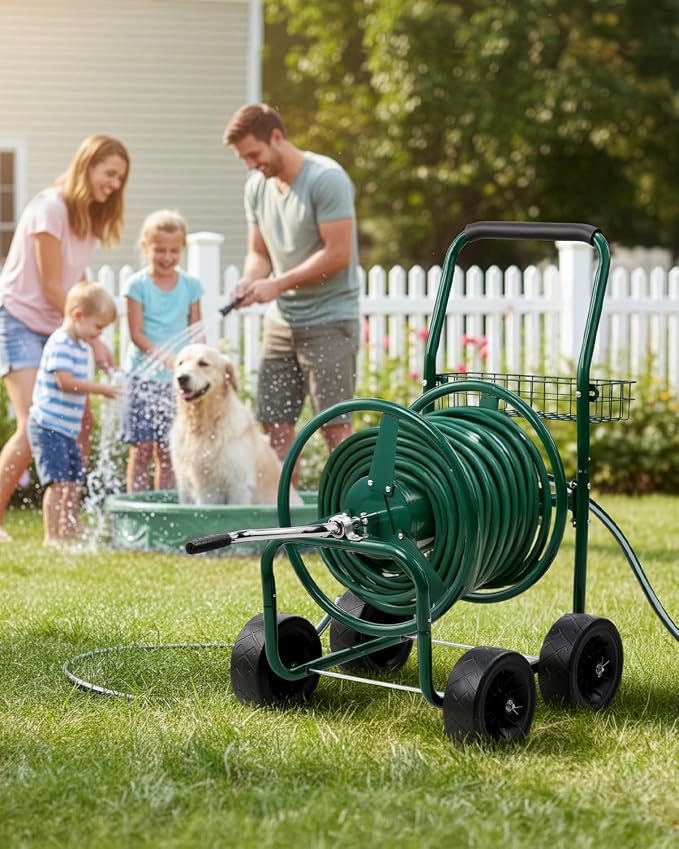 Outvita Garden Hose Reel Cart, Heavy Duty Water Hose Cart for Outside, Lawn Watering, for Garden, Yard, Lawn, Farm, Hold Up to 250 ft of 5/8’’ Hose, 4 PU Wheels, Storage Basket (Green)