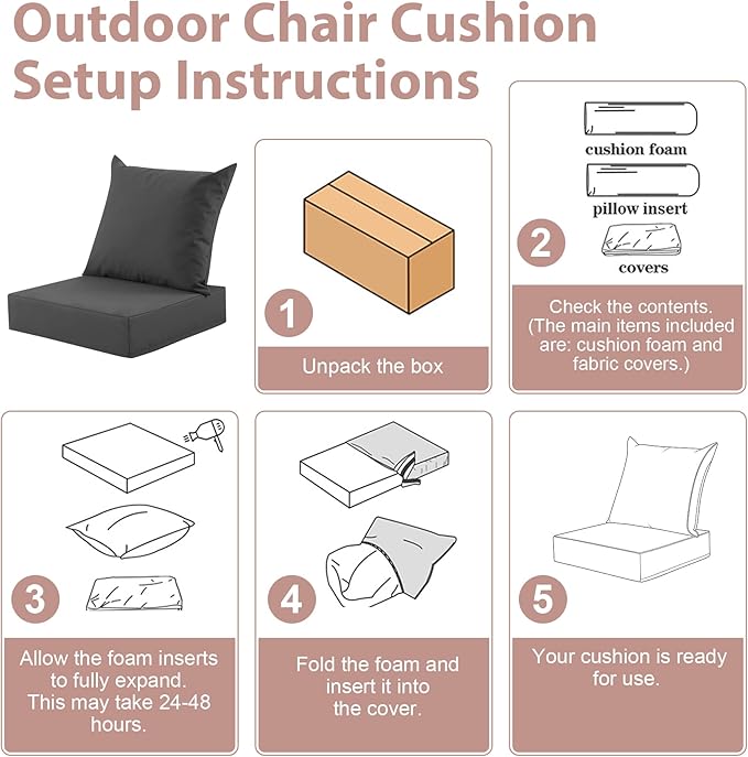 Outdoor Deep Seat Cushion Set, 24x24 Inch Water-Resistant & Fade-Resistant Outdoor Chair Cushions, Patio Furniture Cushions with Removable Cover for Patio Chair, Sofa, Dark Grey (Set of 2)