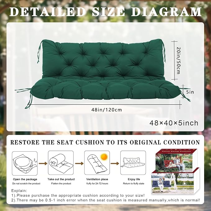 Porch Swing Cushions 48 inch Waterproof Outdoor 2 Seater Replacement Cushions with Backrest Thicken 5" Cushions for Porch Swing for Patio,Outdoor,Backyard and Garden(Dark Green 48×40×5inch)