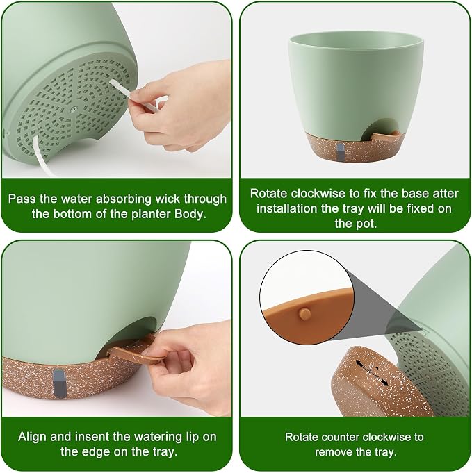 QRRICA 12/10/9 Inch Self-Watering Plant Pots with Water Level Indicator, Drainage Holes & Saucers โ Large Plastic Planter Set for Indoor & Outdoor Plants (Green)