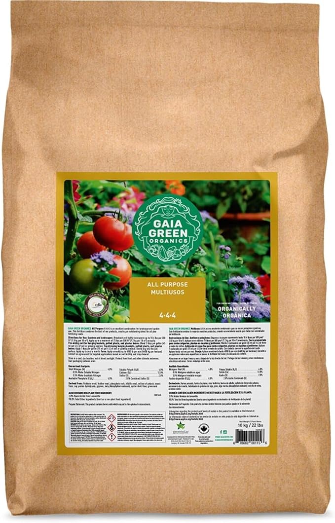 Gaia Green All Purpose Organic Fertilizer 4-4-4, 10kg OMRI Listed Balanced Plant Food for Vegetables, Flowers, Lawns, and Greenhouses, Slow Release Multi-Ingredient Blend