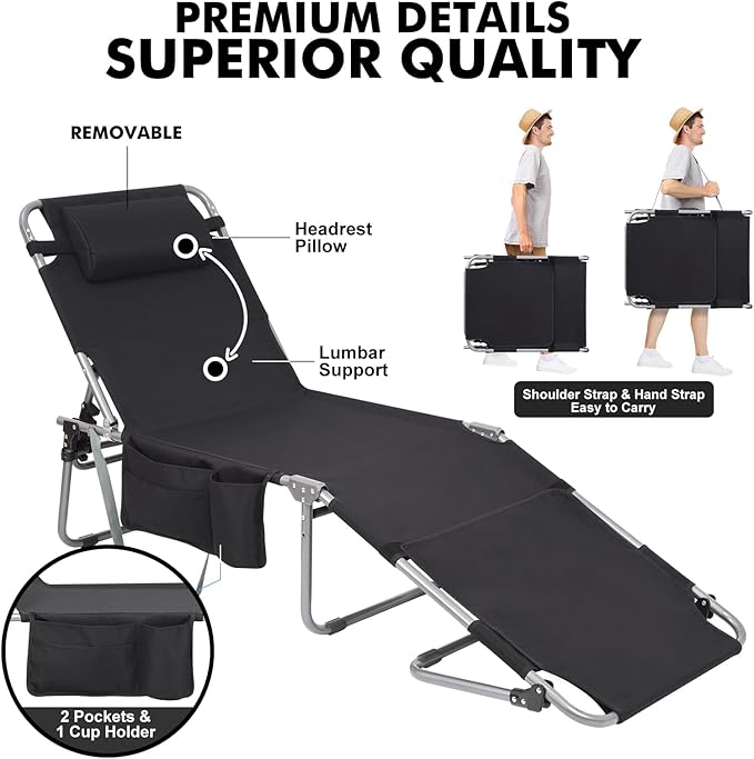 Oversized Extra Wide Tanning Chair with Sun Canopy Face Hole Padded Adjustable Washable, Heavy Duty Layout Folding Lounge Chair for Outside Beach Reading Sunbathing, UPF 50+, XL, Plus Size, 330 LBS