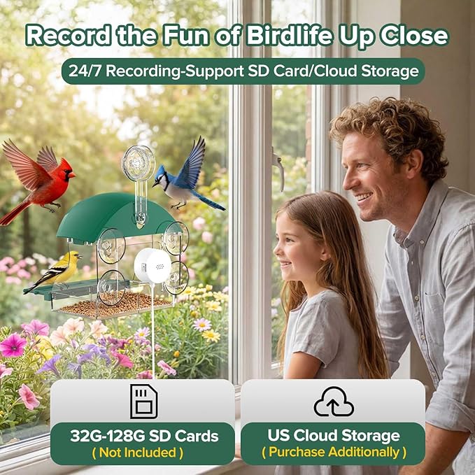 Window Bird Feeder with Camera for Bird Watching,2K Live Video,AI Bird Identification,Instant Arrival Alerts,24/7 Recording,Support 2.4G/5G WiFi,Featuring 5 Strong Suction Cups.