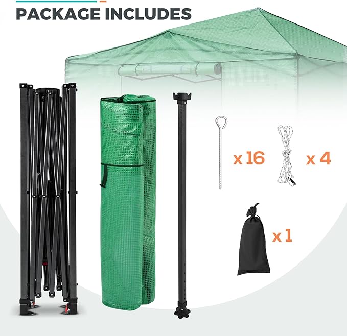 EAGLE PEAK 12x8 Portable Walk in Greenhouse, Pop Up Indoor Outdoor Greenhouse, Green House Kit with Zippered Roll-Up Doors, Windows + Support Pole, PE Cover, Clear/Green