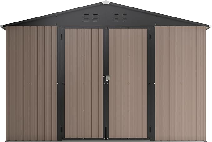 KEIKI Storage Shed 10x10 FT, Large Metal Tool Shed for Outdoor Storage, Galvanized Steel Garden Shed with Lockable Doors for Patio, Backyard, Lawn, Brown