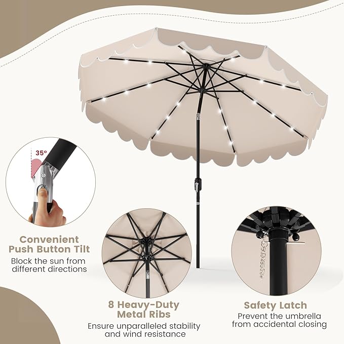 Tangkula 9 FT Solar Patio Umbrella, 2-Tiers Scalloped Outdoor Table Market Umbrella with 32 LED Lights, Vented Top, Tilt Adjustment, Crank, 8 Ribs for Backyard Poolside Deck Beach Lawn (Beige)