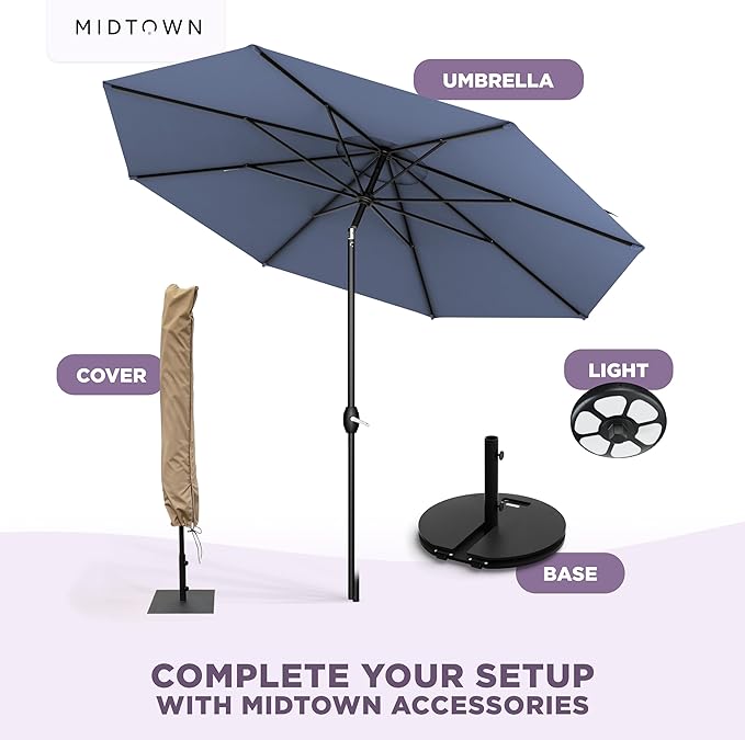 Midtown Umbrellas - 10-Year-No-Fade 6 Ft Patio Umbrella with Terylast Fabric, Auto-Tilt Aluminum Frame and 8 Reinforced Ribs for Deck, Pool, Garden & Beach - Pale Navy Canopy, Black Pole