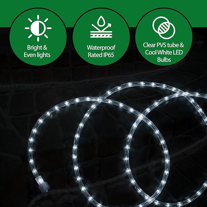 Tupkee LED Rope Light Cool-White - 24 Feet (7.3 m), for Indoor and Outdoor use - 10MM Diameter - 144 LED Long Life Bulbs Decorative Rope Tube Lights