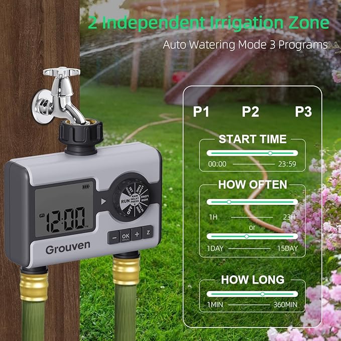 Water Timer for Garden Sprinkler Hose Timer with Rain Delay, Manual, Automatic Watering System Programmable,2 Outlet