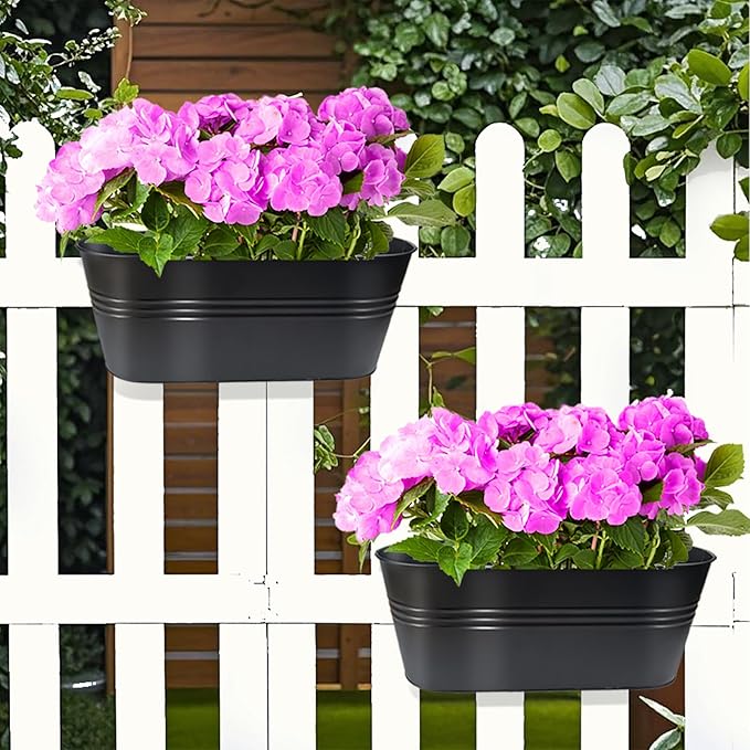 16 Inch 4 PCS Metal Hanging Flower Pots for Railing Fence, Large Railing Planters for Outdoor Plants, Fence Hanging Planters with Detachable Hooks for Garden Balcony