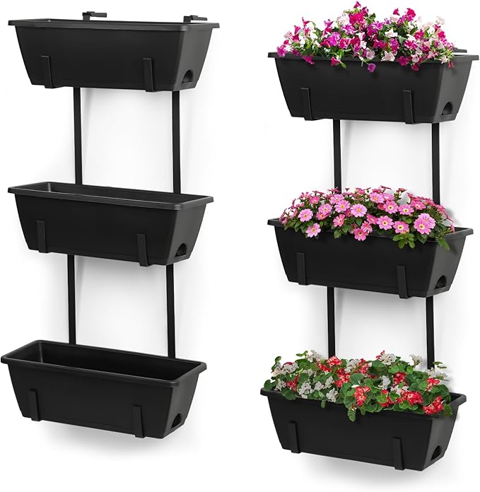 OYEAL Railing Planter Box Black Hanging Window Boxes Planter with Adjustable Brackets, Outdoor Set of 2 Deck Rail Planters with 6 Detachable Plastic Flower Pots for Garden Fence, Patio, Windowsill