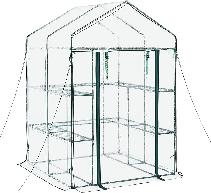 VEVOR Walk-in Greenhouse, 54" x 54" x 77.2" Greenhouse for Outdoors with PVC Cover, 2 Tiers 10 Shelves, Roll-Up Zipper Door, Walk in Green House, Portable Plant Garden Hot House for Backyard Outside