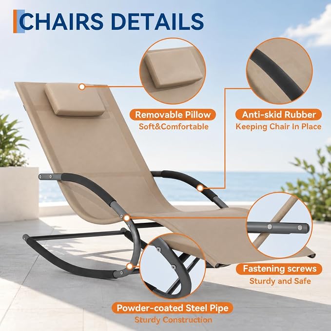 Garvee Outdoor Lounge Chair, Rocking Chair, Lounge Chair Recliner with Detachable Pillow for Patio, Lawn, Pool, Outdoor Home Furniture, Brown