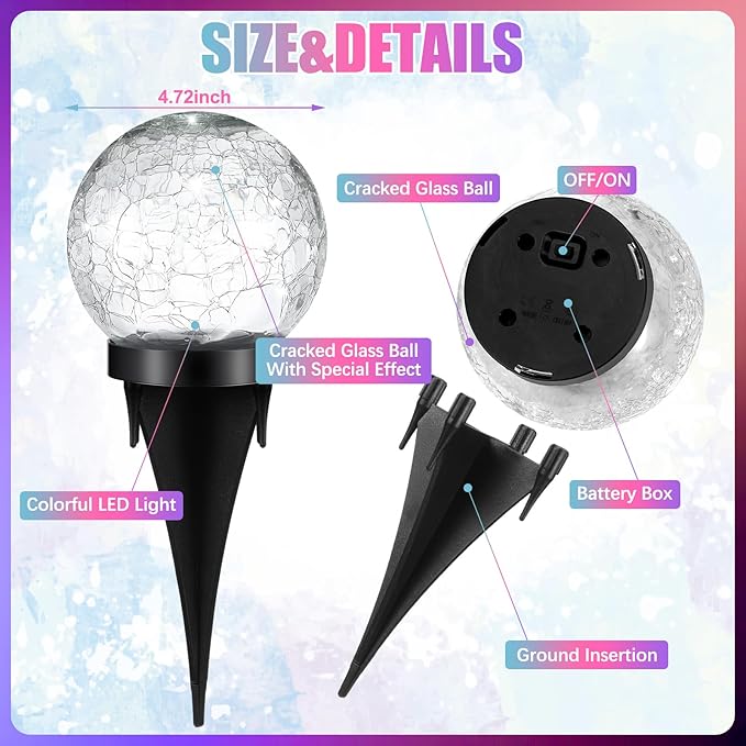 Glooglitter 3 Pcs Extra Large Solar Globes Lights Outdoor Cracked Glass Ball Solar Light Multi Color Pre Lit Crystal Waterproof Lawn Globes for Yard Landscape Garden Decor (4.72")