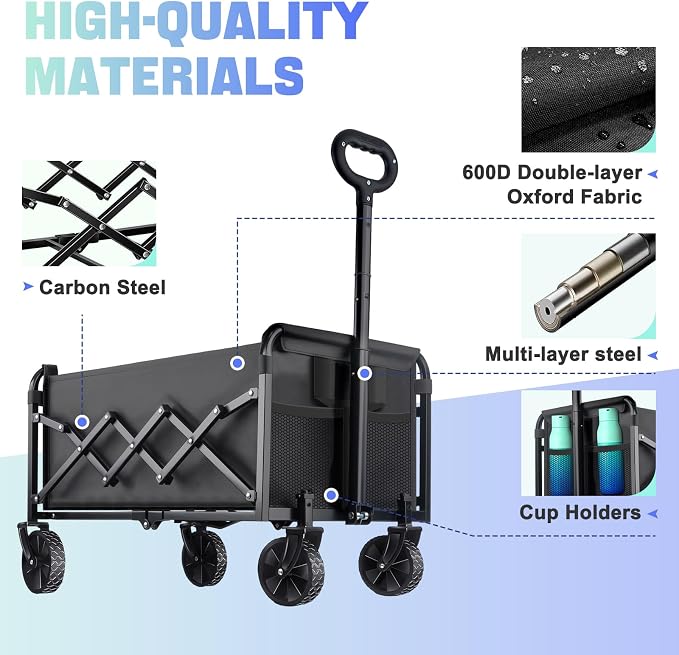 280LBS Collapsible Wagon Cart with Wheels - Heavy Duty Folding Wagon Carts for Grocery, Lightweight Utility Wagon with All-Terrain Wheels & 2 Cup Holders, Portable Beach Wagon for Shopping Garden