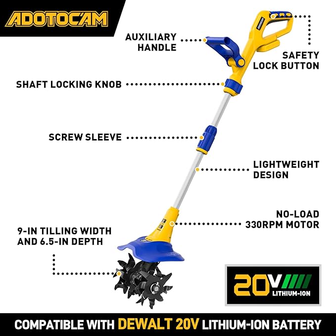 Electric Tiller for Gardening Compatible with Dewalt 20V Battery(Tool Only),330RPM Garden Tiller with 48 Steel Tines,9'' Tilling Width & 6.5'' Depth Rototillers for Lawn/Soil Cultivation