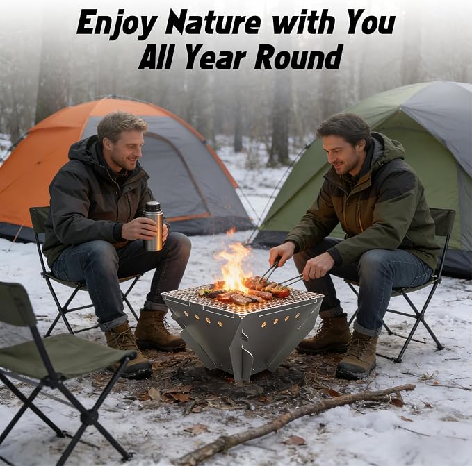 Stainless Steel Fire Pit for Camping, Collapsible Fire Pit for Outdoor Use, 2-4 Person Portable Firepit, Tool-Free Assembly, Patio, Bonfire, Picnic and BBQ with Grill Net & Canvas Storage Bag