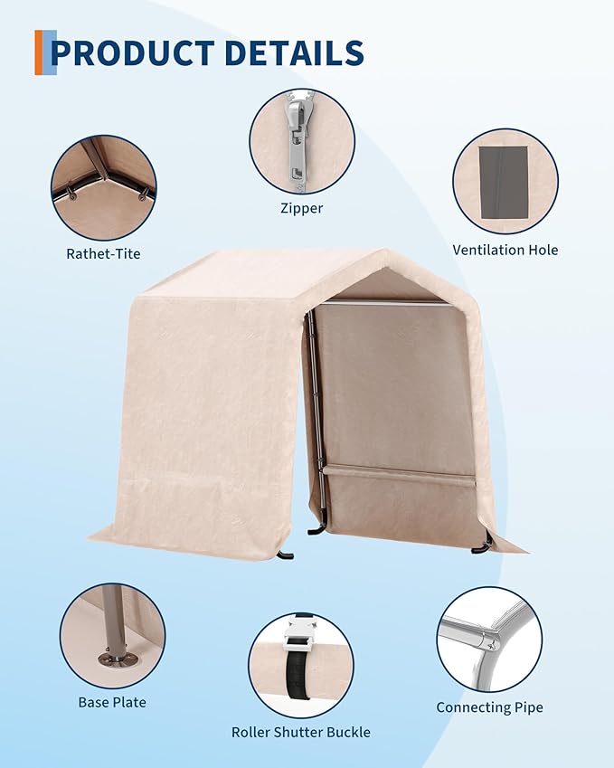 GarveeLife 6x6 ft Outdoor Portable Storage Shed with Roll-Up Door & Vent, 240G Heavy-Duty Shelter Waterproof PE Tarp, UV-Resistant Storage Sheds for Motorcycle, Firewood, Garden and Tools -Khaki