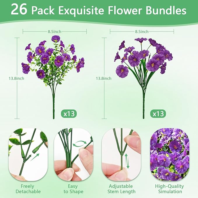 Yastouay Artificial Flowers for Outdoors, 26 Bundles Fake Outdoor Flowers, UV Resistant Artificial Plants & Flowers for Decoration, Purple Realistic Morning Glory for Outdoor Porch Garden Decoration