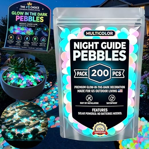 Glow in the Dark Rocks for Landscaping Outdoor Glowing Magical Lights Sea Garden Solar Night Guide Pebbles Colorful Pebbles 2026 New Model Stones Luminous Pebble Gardens Stone Stepping (200)