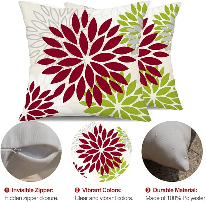DFXSZ Wine Red Green Flower Pillow Covers 18x18 Inch Set of 2 Outdoor Throw Pillows Outdoor Waterproof Decor for Living Room Sofa Patio Funiture Garden Floral Polyester Pillow Covers 002U18