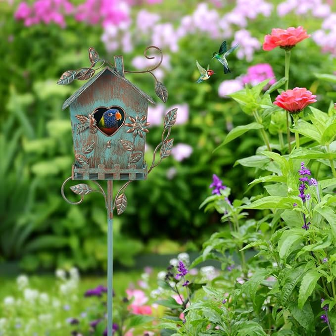 DREAMSOUL 48" Rustic Bird Houses for Outside Metal Bird House Pole, Decorative Green Birdhouse for Patio, Yard, Garden