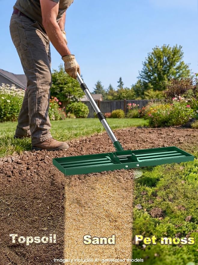 Lawn Leveling Rake, 30x10 inch Adjustable Lawn Leveler for Yard & Garden, Heavy Duty Stainless Steel Handle, Effort Saving Soil & Dirt Leveling Tool for Lawn Top Easy Dressing-Green