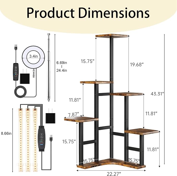 Plant Stand Indoor with Grow Lights, 6 Tiered Corner Plant Stands for Indoor Plants, Max Height: 43" Corner Shelf & Plant Shelf, Flower Display Holder, Corner Shelves for Living Room Gardening Warm Light Auto Timer 3H/9H/12H
